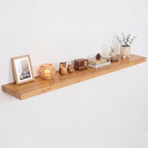 Image of RICHFOCUS Elm Floating Shelves for Wall - 72 inch W x 9.3 inch D Rustic Solid Wood Shelves with Invisible Bracket, Wall-Mounted for Living Room, Bedroom, Kitchen Storage & Display, Set of 1, Natural
