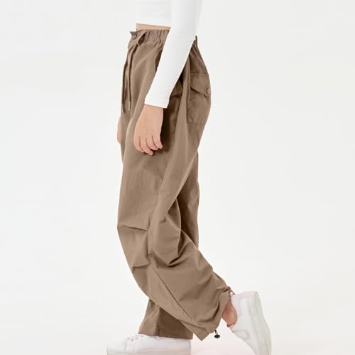 Image of Rolanko Girls Parachute Pants Y2K Cargo Pants for Girls Loose Jogger Trousers with Pockets Streetwear Kids 4-14 Years