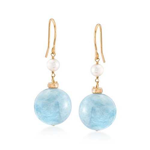 Ross-Simons 35.00 ct. t.w. Milky Aquamarine and 4-5mm Cultured Pearl Drop Earrings in 18kt Gold Over Sterling