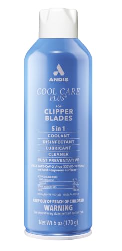 Andis 12551 Cool Care Plus 5-in-1 Clipper Blade Spray - Professional Grooming Tool with Easy Cleaning Cooling Disinfecting Lubricating and Rust Prevention All Hairs Type 6 Oz Blue