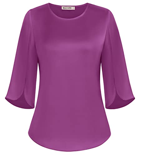 GRACE KARIN Damen Satin Bluse Langarm Rundhals Oberteile Satin Langarmshirt...