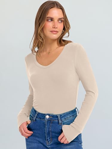 Image of ANRABESS Long Sleeve V Neck Shirts for Women | Soft Comfy Ribbed Knit Fitted Tshirts, Casual Going Out Tops, 2026 Trendy Basic, Fall Winter Underscrub Layering Clothes