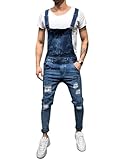 LONGBIDA Men's Denim Bib Overalls Fashion Slim Fit Jumpsuit with Pockets(Dark Blue,M)