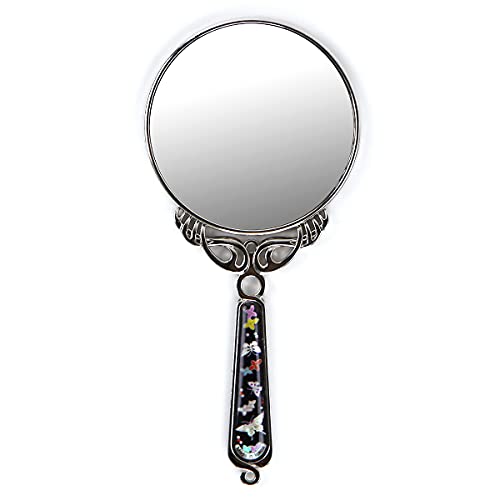 Hand Held Mirror With Beautiful Korean Pouch–150X70X5Mm Rose Vintage Mirror For Traveling, Makeup, Vanity–Natural Eco-Friendly Mother Of Pearl Coating–Rustproof Iron Table Mirror (Flower Butterfly) #TOP1