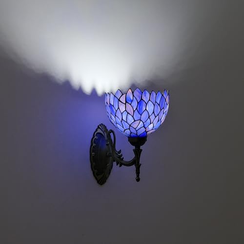 Image of Tiffany Wall Sconce Hand-Weld Stained Glass Bedside Lamp with Classic 8 Inches Wisteria Blue Purple Lampshade for Bedroom Hallway Living Room Home Office