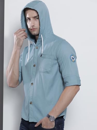 Image of Indian Garage Men's Slim Fit Solid Cotton Hooded Shirt Features Hooded Collar, Regular Placket, Full Sleeves, one Patch Pocket, Regular Length, Straight Hem and Button Closure.