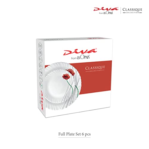 Image of La Opala Diva Classique Collection Opal Glass Crockery | Full Plate Set of 6 | Misty Drops Design | for Dining & Gifting | Microwave Safe | 100% Vegetarian | Extra Strong | Super Light & White