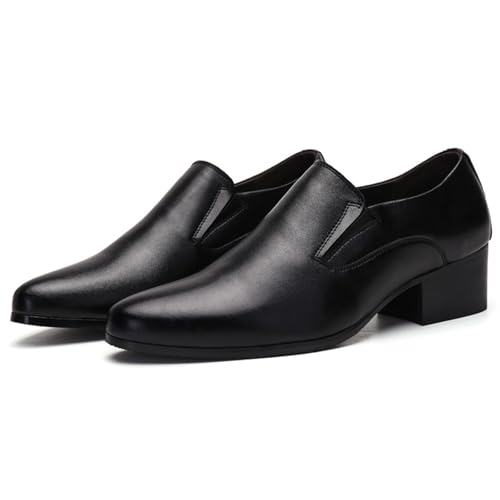 Men's Genuine Leather Chunky Heel Dress Loafers Fashion Classic Pointed Toe Low Top High Heel Slip On Oxford Shoes Casual Business Office Wedding Formal Shoes