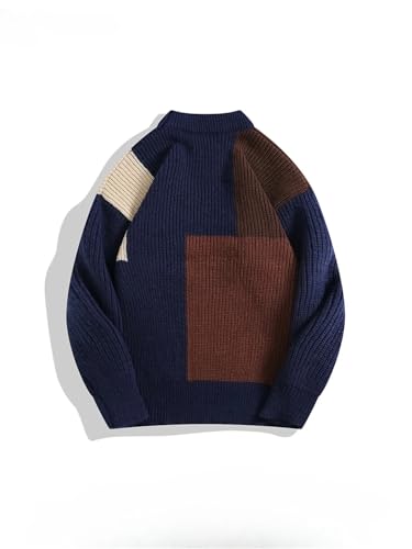 Men's Round Neck Warm Contrast Color Sweater Long Sleeve Casual Retro Loose Knit Sweater2