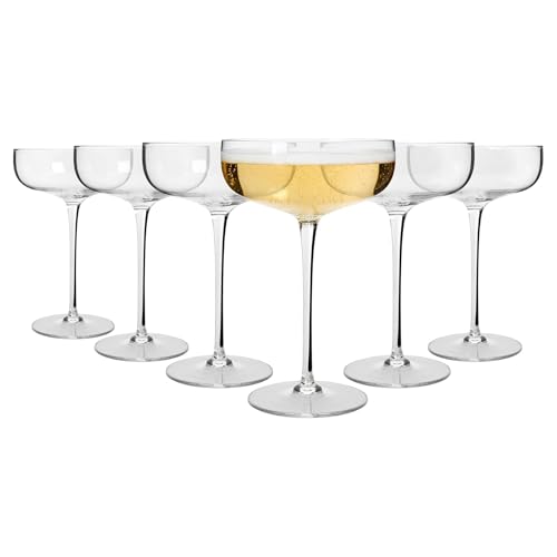 Argon Tableware Hoxton Crystal Champagne Coupe Glasses 220ml - Pack of 6 Lead-Free Crystal Cocktail & Sparkling Wine Glass Set 1920s Art Deco Style Wide Saucer Bowl Gift Boxed
