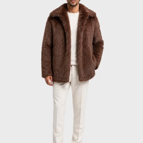 Image of Colf Men's Winter Parka Coat Lapel Faux Fur Jacket | Mens Faux Fur Coat, Long Sleeve, Fluffy Overcoat, Winter Jacket
