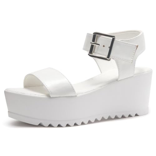 Herstyle Carita Womens Platform Sandals Open Toe Ankle Strap Flatform Wedge Casual Sandal Black White Chunky Platform Sandals Comfortable Lightweight Lug Sole Wedges for Summer