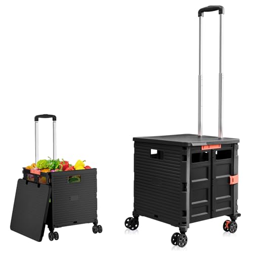 Einkaufstrolley Klappbar Transport Trolley bis 80KG Einkaufswagen Trolley mit Deckel und Teleskop Griff 4 Rollen Shopping Cart Schwarz Faltbox