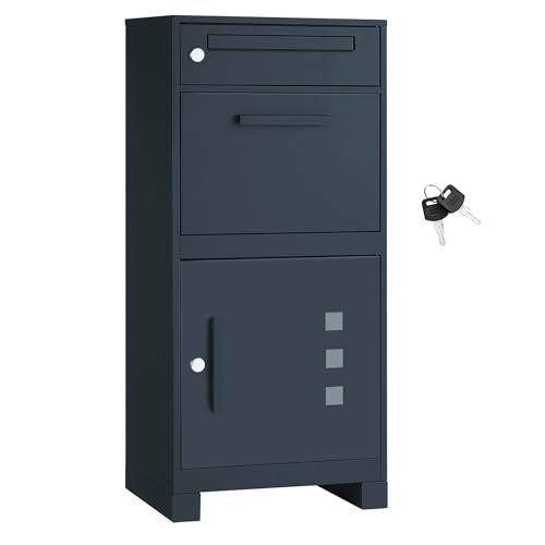 SONGMICS Paketbox, Paketbriefkasten, Briefkasten mit Paketfach, Paketkasten XXL, für Briefe, Pakete, Schloss mit Abdeckung, 2 Schlüssel, Stahl, anthrazit GMB091GZ01