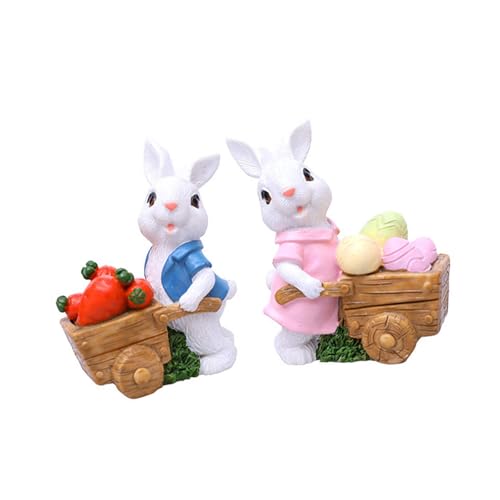 Lerpwige 2pcs Conejitos de Pascua Esculturas Resinas Decoraciones Animales Conejo Con Carro Figuras Para Balcones O Decoración del Hogar