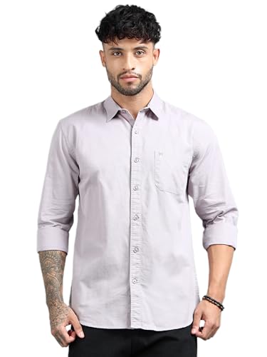 Image of Men Slim Fit Solid Spread Collar Casual Shirt