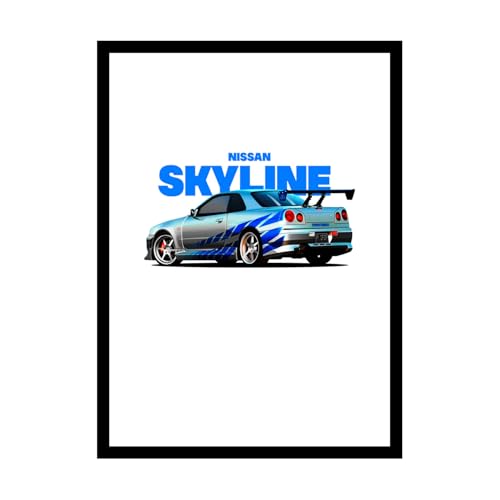 Image of BLINKART Nissan Skyline GT-R (R34) CarFramed Posters Gift Items Boys Room Wall Decoration Bedroom Office Studio Synthetic Wood Frame & Acrylic Glass Ready to Hang - 18x12 Inch, (A4 Size) - CAR-264