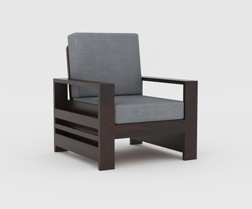 Image of Sheesham Wooden 1 Seater Sofa for Living Room | Rosewood 1 Seater Cushion Sofa with Side Rack