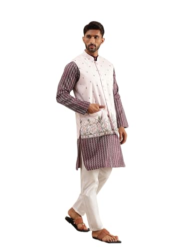 Image of SOJANYA Men's Silk Blend Wine Kurta & White Pyjama With Daman Embroidered Nehru Jacket