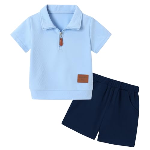 ZOEREA Toddler Baby Boy Clothes Summer Outfits Short Sleeve Solid Elastic Sweatshirt and Shorts 2 Piece Sweatsuit Set Blue 3-4T