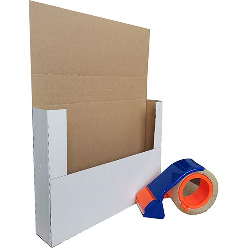 Corrugated Easy-Fold Mailer, Height Adjustable, 11 1/8" x 8 5/8" x 1/2 to 2", White (50 Pack with Tape & Dispenser)