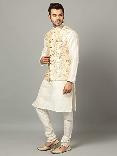 Image of Uri and MacKenzie Men's Silk Blend Regular Kurta Churidar Pyjama with Bundi Nehru Jacket /Waistcoat