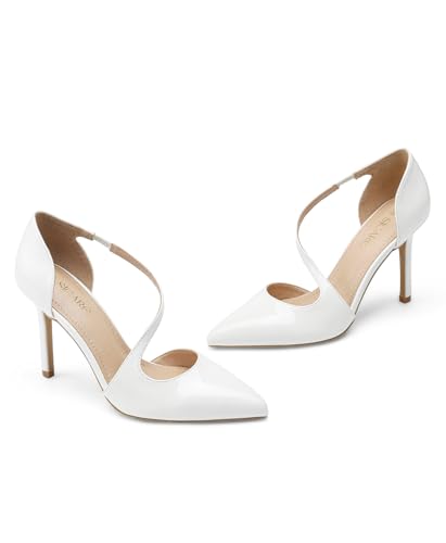 Image of Women's Pointed Toe High Heel Pumps, Elegant Asymmetric Cross Strap D'Orsay Stiletto Strappy Heels, Glossy Patent Dress Shoes for Wedding, Party, and Office