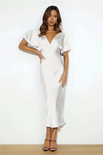 Image of Summer Satin V Neck Puffy Sleeves Empire Waist Midi Dresser Silk Sexy Tie Back Formal Cocktail Dresser for Women Wedding