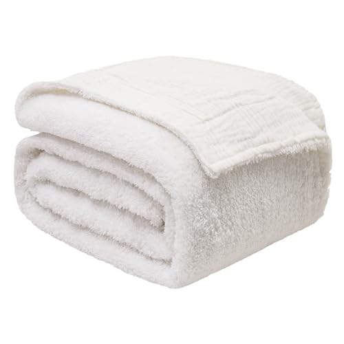 EMME White Throw Blanket Muslin and Fleece Blanket for Women Reversible - 50"*60" Soft & Cozy Warm Lightweight Small Blankets for Couch Bed Picnic Travel Bed