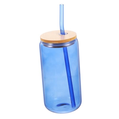 Ipetboom Vaso de Vidrio Transparente con Pajita y Tapa para Bebidas Frías y Jugos Copa Lata Azul Reutilizable y Seguro para Cafés y Tés