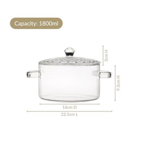 Image of Nestasia Borosilicate Glass Cooking Pot on Gas Stove (1800 ml) - Fluted Casserole with Embossed Glass Lid | Microwave & Dishwasher Safe Durable Handi for Kitchen