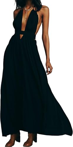 Image of R.Vivimos Boho Maxi Dresses for Women 2026 Summer Sleeveless Halter Elastic Waist Sexy Backless Front Slit Flowy Long Dresses