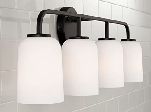 Image of HomePlace Lighting 148841MB-542 Lawson Transitional Soft White Glass Bell Vanity Light for Bathroom, 4-Light 400 Total Watts, 10 inch H x 32 inch W, Black