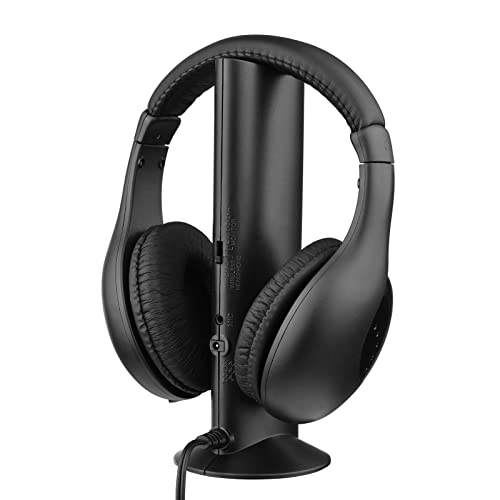 Btuty Auriculares Inalámbricos 5 en 1: Emisor y Receptor FM Hi Fi, Set para Radio, Ordenador, TV, Monitor   Con Micrófono, Opción Cableada
