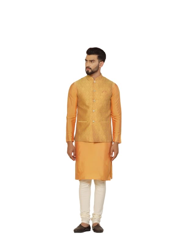Kisah Men's Kurta Jacket Churidar Set, Mustard Jacquard, Woven Design Long Sleeves Regular Fit Mandarin Collar (L)