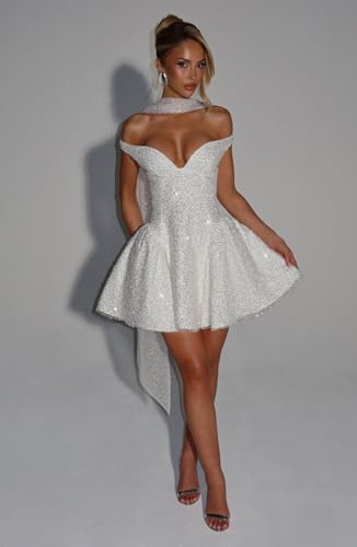 POMUYOO Off Shoulder Sequin Homecoming Dresses for Teens Scarf Short Sparkly Formal Cocktail Party Gowns4