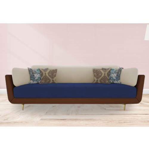 Image of Sixpine Luxury Dual Color Upholstery Classic Sofa in Premium Velvet | Solid Wood Structure | Sturdy Golden Legs | High Density Foam | Extra Comfort for Modern Living Room (Brown Blue Beige, 3 Seater)