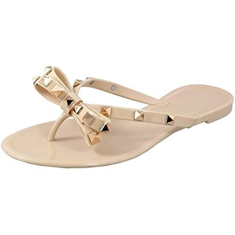 Womens Studded Flip Flops with Bow Open Toe Jelly Sandals, Nude, 7 UK Cover