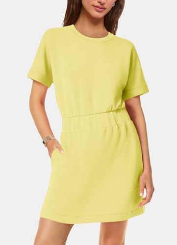 Image of SENSERISE Womens Short Sleeve T Shirt Dresses Crew Neck Solid Color Basic Smocked Waist Dress with Pockets