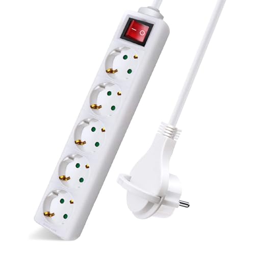 EXTRASTAR Regleta Alargador con 5 Enchufes Interruptor Cable 1.5M Clavija Plana para el hogar Oficina