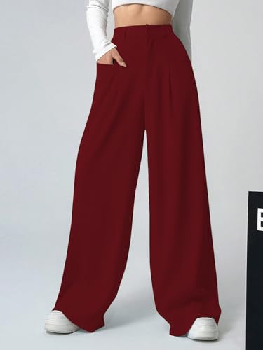 Image of Shasmi Women's Loose Mid Rise Solid, Pleated Trousers, Wide Leg Pocket Casual Long Korean Trousers Pant (146)