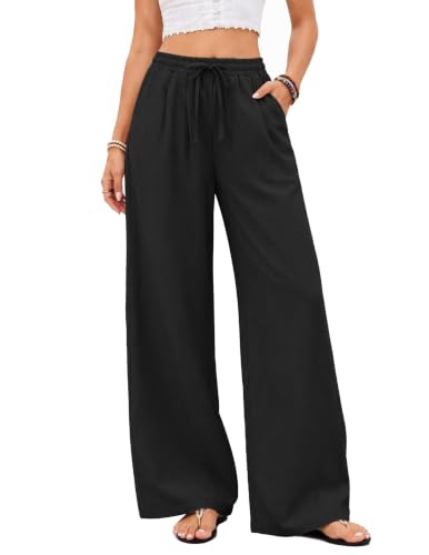 COOFANDY Womens Linen Pants Wide Leg Palazzo Pants Flowy Trousers Black, S | Linen Drawstring Pants, Women Lightweight Pants with Pockets, Elastic Waist Trousers, Work Casual, Beach Vacation Outfits