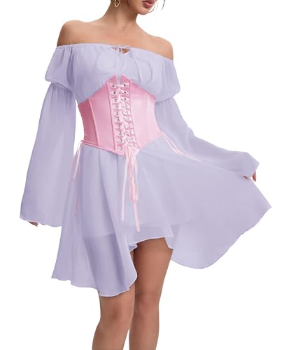 Image of Womens Corset Dresses Off Shoulder Bell Sleeve Casual Party Fairy Two Piece Outfits Bustier Dress