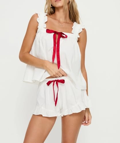 Image of ROAONOCOMO Women Floral Pajama Set Ruffle Babydoll Cami Top Coquette Pj Set Gingham 2 Piece Shorts Outfit Bridal Loungewear
