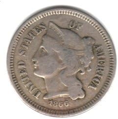 Moneda de tres centavos de níquel 1866 de la era de la guerra civil