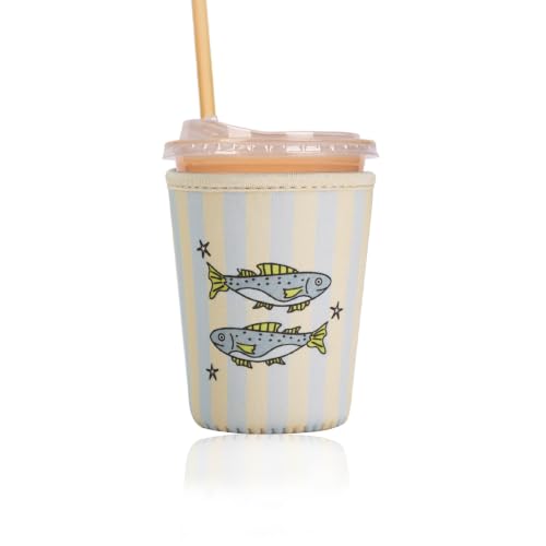 Image of Reusable Insulated Sleeve for Iced Coffee Cup, Coffee Neoprene Sleeve for Cold & Hot Drinks, Beverage Holder for Iced Coffee (Fish Stripes, Small: 16-18oz)