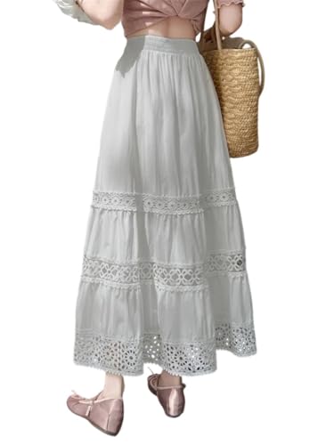 Women Lace Hollow Out High Waisted Patchwork Skirts Summer Solid Boho Beach Midi Skirt3
