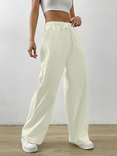 Image of TOPLOT Women's Linen Blend Wide Leg Palazzo Pants | Elastic Drawstring Waist Trousers for Woman | Relaxed Fit Casual Lounge Trousers | Breathable Straight Leg Everyday Bottom Wear (5268)
