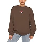 CM C&M WODRO Women Cute Mushroom Embroidered Sweatshirt Fleece Lined Casual Oversized Long Sleeve Crewneck Pullover Tops (Brown, Medium)