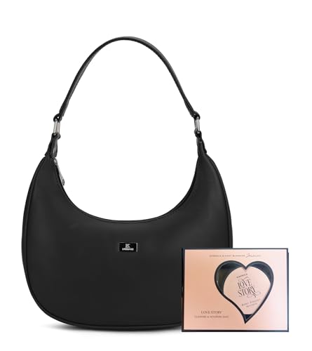 Image of K London Vegan Leather Half Moon Women's Black Hobo Shoulder Bag with Kimirica Love Story Cleanse & Nourish Duo Set - Premium Handbag & Bath Combo for Women